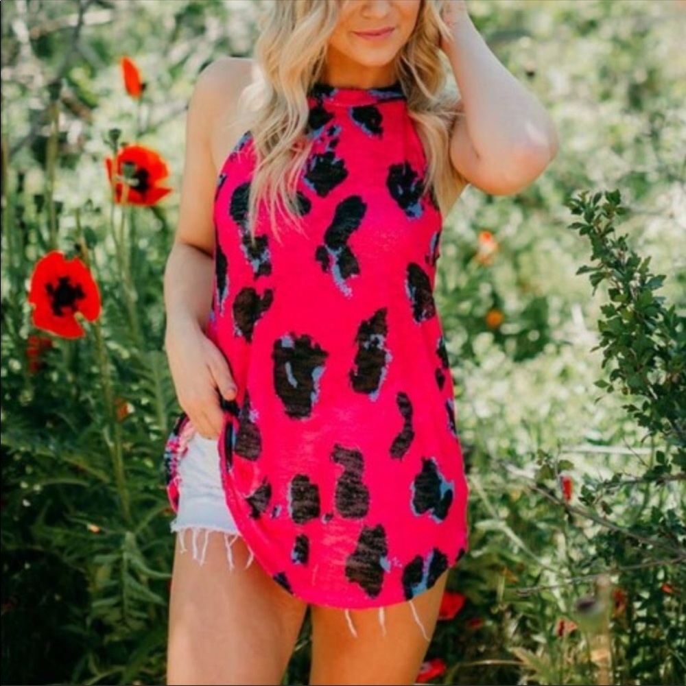 2 Pack Leopard Halter Top in Bright Pink